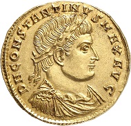 Lot 938: CONSTANTINE I, 306-337. Gold medallion of 1 1/2 solidi, 324, Nicomedia. Unique. Extremely fine. Estimate: 10,000,- euros. Hammer price: 55,000,- euros.