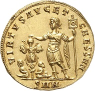 Lot 938: CONSTANTINE I, 306-337. Gold medallion of 1 1/2 solidi, 324, Nicomedia. Unique. Extremely fine. Estimate: 10,000,- euros. Hammer price: 55,000,- euros.