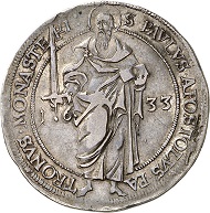 Lot 2107: MUENSTER. Ferdinand of Bavaria, 1612-1650. 1/2 taler 1633. Extremely rare. Very fine. Estimate: 20,000,- euros. Hammer price: 24,000,- euros.
