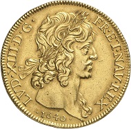 Lot 4055: FRANCE. Louis XIII, 1610-1643. Huit louis d'or à la tete laurée 1640, Paris. Extremely rare. Very fine to extremely fine. Estimate: 100,000,- euros. Hammer price: 120,000,- euros.