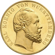 Lot 4916: WUERTTEMBERG. Charles, 1864-1891. Gold off-metal strike of 20 ducats from the dies of the double vereinstaler 1871 on the restoration of the Ulm Cathedral. Ex Vogel Collection. Extremely rare. Extremely fine to FDC. Estimate: 30,000,- euros. Hammer price: 38,000,- euros.