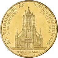 Lot 4916: WUERTTEMBERG. Charles, 1864-1891. Gold off-metal strike of 20 ducats from the dies of the double vereinstaler 1871 on the restoration of the Ulm Cathedral. Ex Vogel Collection. Extremely rare. Extremely fine to FDC. Estimate: 30,000,- euros. Hammer price: 38,000,- euros.