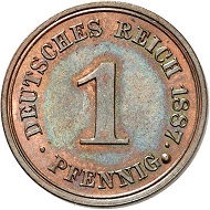 Lot 5506: GERMAN EMPIRE. 1 pfennig 1887 E. J. 1 note. Only 25 specimens struck. FDC. Estimate: 10,000,- euros. Hammer price: 23,000,- euros.