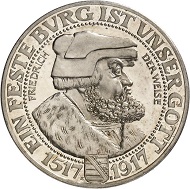Lot 5747: GERMAN EMPIRE. Saxony. Frederick August III, 1904-1918. 3 mark 1917 E. Frederick the Wise. Proof. Estimate: 60,000,- euros. Hammer price: 70,000,- euros.