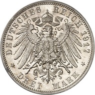 Lot 5747: GERMAN EMPIRE. Saxony. Frederick August III, 1904-1918. 3 mark 1917 E. Frederick the Wise. Proof. Estimate: 60,000,- euros. Hammer price: 70,000,- euros.