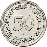 Lot 6424: FRG. 50 pfennig 1949 J. J. 384. Only seven specimens known to exist. Proof. Estimate: 5,000,- euros. Hammer price: 24,000,- euros.