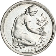 Lot 6424: FRG. 50 pfennig 1949 J. J. 384. Only seven specimens known to exist. Proof. Estimate: 5,000,- euros. Hammer price: 24,000,- euros.