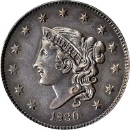 Lot 10192: 1839/6 Modified Matron Head Cent. N-1. Plain Hair Cords. Rarity-3. Noyes Die State-A/A. AU-53 (PCGS). Sold $23,500.