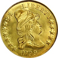 Lot 13198: 1799 Capped Bust Right Eagle. BD-10, Taraszka-22. Rarity-3. Large Obverse Stars. MS-66 (PCGS). CAC. OGH. Sold $493,500.