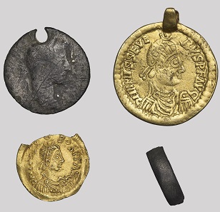 The Oxborough hoard, 5th century AD. Gold Visigothic coin pendants and a reused Roman denarius found in Oxborough, Norfolk. © The Trustees of the British Museum.