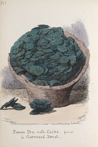 Roman Urn with Coins found in Charnwood Forest, drawn and etched by George Cruikshank (1792-1878). Frontispiece to the Journal of the British Archaeological Association VII, 1852. © The Trustees of the British Museum.