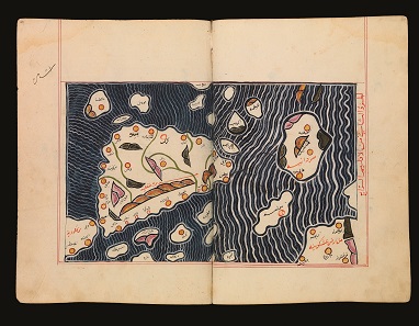 A double page map of Sicily from Al-Idrisi's 12th-century Tabula Rogeriana. MS. Pococke 375, folios 187v-188r., Unknown, copy from c.1300-1500 AD. © The Bodleian Libraries, University of Oxford.
