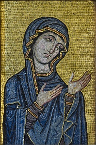 Byzantine-style mosaic showing the Virgin as Advocate for the Human Race. Kept at Museo Diocesano di Palermo, originally from Palermo Cathedral, c.1130-1180 AD. Museo Diocesano di Palermo.