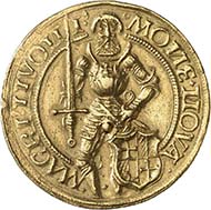 112 ducats, 1525. Walter (Wolter) of Plettenberg, Master of the Teutonic Order in Livonia (1494-1535), gold, 41.96 g, 39 mm, 5 h. Berlin Coin Cabinet, object number 18201940.