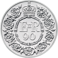 The celebratory garland designed by Christopher Hobbs features on all the commemorative coins in honour of Her Majesty The Queen?s 90th birthday like this GBP 20 silver coin. © The Royal Mint.