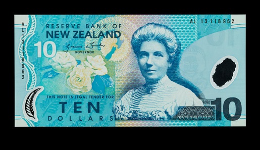 Kate Sheppard, Suffragette. Ten dollar note, New Zealand, 2013. Photo: Jaclyn Nash, courtesy of the National Museum of American History.