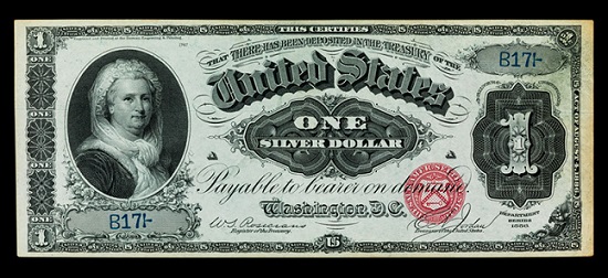 Martha Washington, First Lady of the United States of America. 1 dollar silver certificate, United States of America, 1886. Photo: Jaclyn Nash, courtesy of the National Museum of American History.
