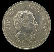Indira Gandhi, Prime Minister of India. Five rupee coin, India, About 1985. Photo: Jaclyn Nash, courtesy of the National Museum of American History.