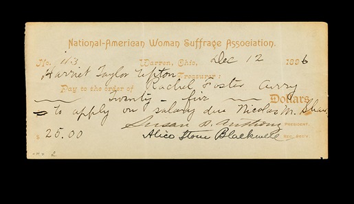 Check signed by Susan B. Anthony, National American Woman Suffrage Association, 1896. Photo: Jaclyn Nash, courtesy of the National Museum of American History.