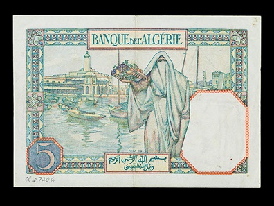 5 franc note, Algeria (under French rule), about 1941. Photo: Jaclyn Nash, courtesy of the National Museum of American History.
