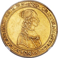 Lot 30904: Swedish Possessions, Riga, Christina, 4 ducats, 1646. Hagander-184, Neumann-43, Ahlström-32 (XR). AU53 NGC. Realized: 64,625.
