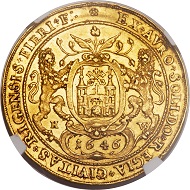 Lot 30904: Swedish Possessions, Riga, Christina, 4 ducats, 1646. Hagander-184, Neumann-43, Ahlström-32 (XR). AU53 NGC. Realized: 64,625.