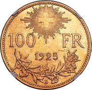 Lot 30924: Switzerland, Confederation, 100 francs, 1925-B. KM39. MS66 NGC. Realized: $27,025.