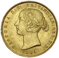 Lot 1127: Australia, Queen Victoria, Roman I type, Sydney, half sovereign, 1864. Estimate: $15,000 / Realised: $23,850.