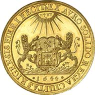RIGA. 6 ducats 1644. Of utmost rarity, extremely fine to brilliant uncirculated. Estimated at 30,000 Euros. From the upcoming sale Künker 185 (2011), 6059. - Since 1621 Riga had formed part of the Swedish empire. The ship our plate money came from was transporting Swedish currency to Riga.