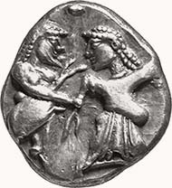 MACEDONIA. Unknown mint. Stater, 540-525 BC. Naked ithyphallic Satyr r. grabbing arm of Menad walking r. turning her head back to Satyr; in field one pellet. Rev. Incuse square diagonally divided. 9,91 grams. Svoronos, Hell. pl. 8, 4. SNG ANS 956 (same obv. die).