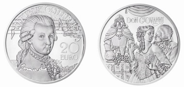 The new Mozart coin: Austria / 20 euro / .900 silver / 20g / 34mm / Design: Helmut Andexlinger, Herbert Wähner / Mintage: 50,000.