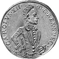 Charles XII, 1697-1718. On a coin from the Swedish territories: Pomerania. Double ducat 1706. From auction Hess-Divo 300 (2004), 386.