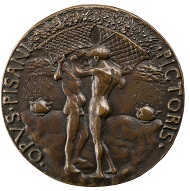 Pisanello (ca. 1395-ca. 1455), Leonello d'Este / Two Men with Baskets (reverse), ca. 1445. Bronze, 68.9 mm. Stephen K. and Janie Woo Scher. Collection.; Photo: Michael Bodycomb.