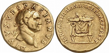 Another coin from this series. While aurei featuring Augustus are extremely rare, coins showing portraits of Vespasian and Titus can be found on the market from times to times. From auction sale Gorny & Mosch 159 (2007), 397.
