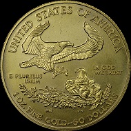 The front and back of a counterfeit 2012-dated American Eagle $50 denomination one-ounce gold bullion coin. Photo courtesy of Numismatic Guaranty Corporation.