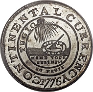Lot 4514: 1776 $1 Continental Dollar, CURRENCY, Pewter, EG FECIT MS65 PCGS Secure. Newman 3-D, W-8460, R.4. Realized: $235,000.