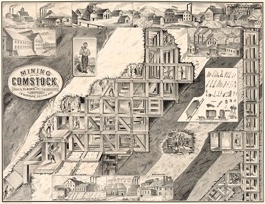 Probably the most famous depiction of the Comstock Mine. The mined ore deposits were underpinned with a standardized framework to prevent a collapse. Source: Wikipedia.