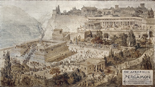 The Akropolis of Pergamon. By Friedrich (von) Thiersch, 1882. Pen and ink with watercolor on canvas. H. 78 in. (198 cm), W. 11 ft. 53/4 in. (350 cm). Antikensammlung, Staatliche Museen zu Berlin (Graph 91). Image: © SMB / Antikensammlung.