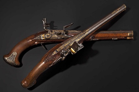 Lot 5448: Silver-mounted flintlock pistols, Ivan Permiak, St. Petersburg, 1770. Sold at 80,000 euros.