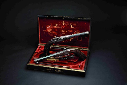 A pair of deluxe percussion pistols, Brun, Paris, circa 1840, cased. Sold at 22,000 euros.