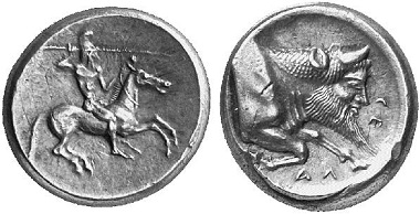 Gela. Didrachm, 490/85-478/77. Rider. Rv. protome of a river deity r. Ex Künker Auction 94 (2004), 268.