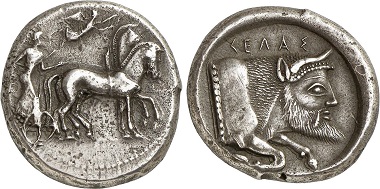 Gela. Tetradrachm, 480/75-475/70. Quadriga r., Nike flying from left to crown the horses. Rv. protome of a river deity r. Ex Gorny & Mosch Auction 224 (2014), 48.