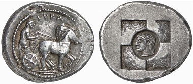 Syracuse. Tetradrachm, 510-500. Quadriga r. Rv. deepened head of Arethusa in windmill-shaped incuse. Ex Künker Auction 111 (2006), 6084.