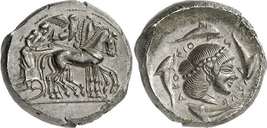 Syracuse. Tetradrachm, 485-466. Quadriga r., flying Nike from right to crown the chariot. Rv. head of Arethusa r. Ex Gorny & Mosch Auction 195 (2011), 58.