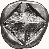 MACEDONIA. Unknown mint. Stater, 540-525 BC. Naked ithyphallic Satyr r. grabbing arm of Menad walking r. turning her head back to Satyr; in field one pellet. Rev. Incuse square diagonally divided. 9,91 grams. Svoronos, Hell. pl. 8, 4. SNG ANS 956 (same obv. die).