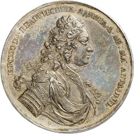 Lot 243: RUSSIA. Silver medal 1708 by S. Gouin, on Russian Admiral Fyodor Apraksin. Later, 18th century-striking. Very rare. Extremely fine to FDC. Estimate: 3,000 euros. Hammer price: 30,000 euros.