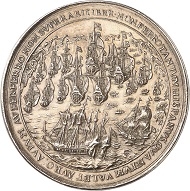 Lot 1422: Silver medal 1629, on the capture of the Spanish Silver Fleet by Dutch Admiral Piet Heyn in Matanzas Bay. Extremely rare. Almost extremely fine. Estimate: 2,500 euros. Hammer price: 20,000 euros.