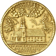 Lot 3013: GERMANY / REGENSBURG. 5 ducats 1627, on the groundbreaking of the Trinity Church on July 4. Very rare. Trace of mounting, very fine. Estimate: 3,000 euros. Hammer price: 9.500 euros.