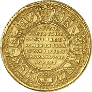 Lot 3013: GERMANY / REGENSBURG. 5 ducats 1627, on the groundbreaking of the Trinity Church on July 4. Very rare. Trace of mounting, very fine. Estimate: 3,000 euros. Hammer price: 9.500 euros.