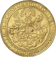Lot 3210: GERMANY / HESSE-KASSEL. William V, 1627-1637. 10 ducats 1634, Kassel. Willow striking. Probably only known specimen in private hands. Extremely fine. Estimate: 200,000 euros. Hammer price: 220,000 euros.